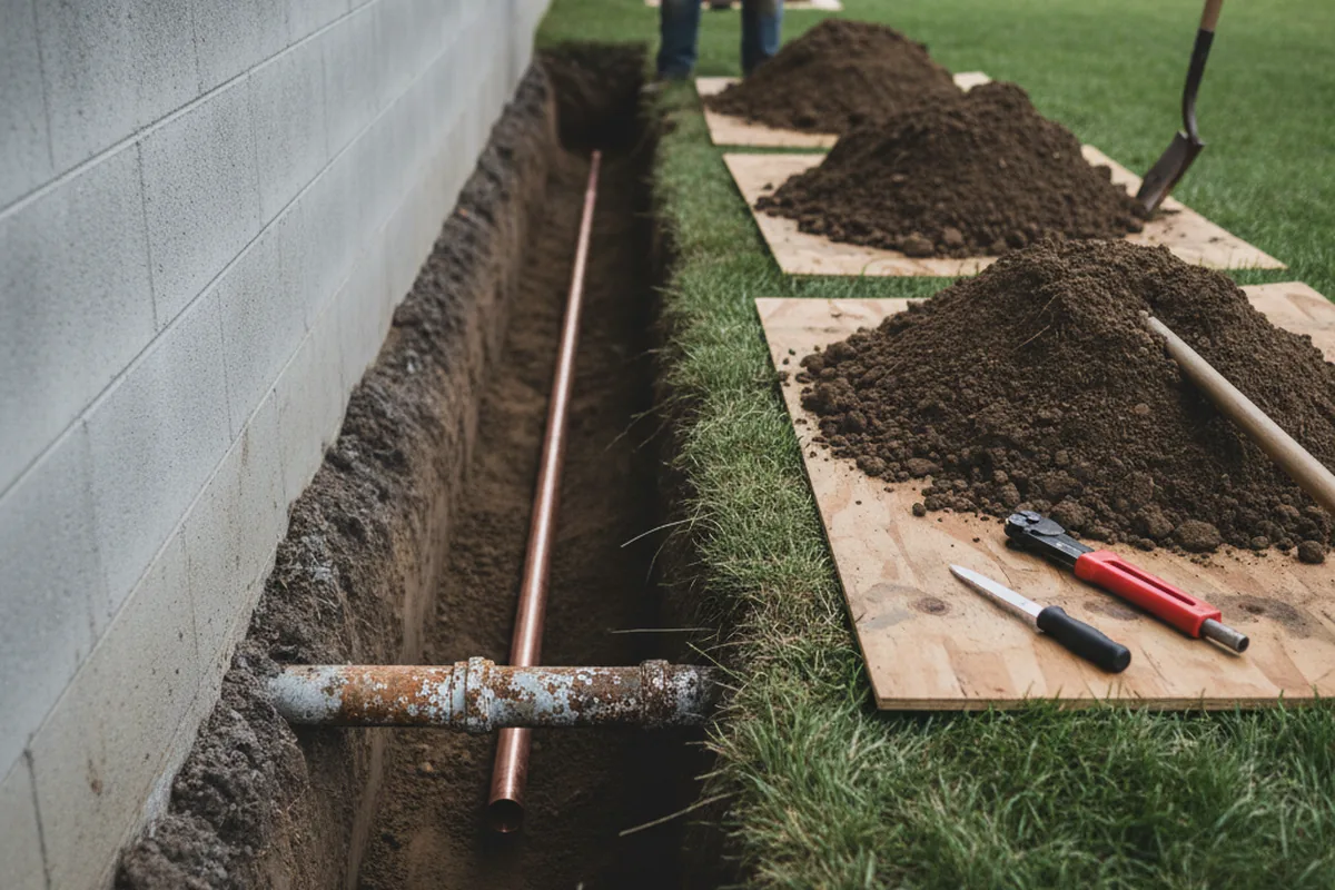 Excavated water line trench during Water Softener Installation in Corinth